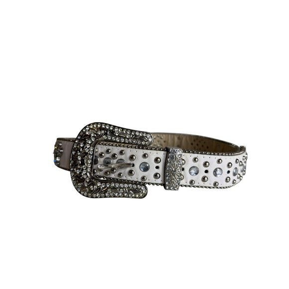 Y2K Grunge Rhinestone Cross Crystal White Leather Stud Snap On Buckle Belt M/L - Picture 5 of 5